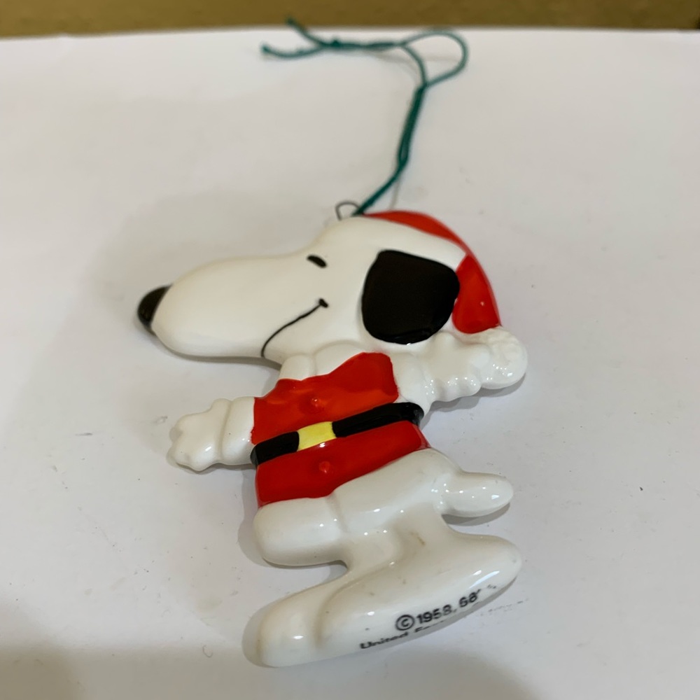 Vintage Peanuts Snoopy Christmas Flat Santa Ceramic Ornament
